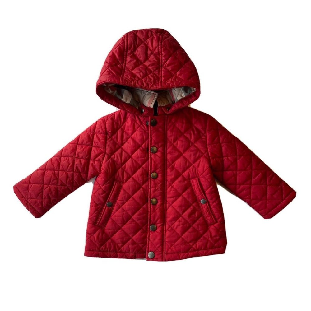 Burberry Crimson Red Baby Child Jerry Quilted Hooded Jacket Size 12m